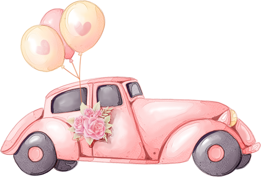 Watercolor Pink Wedding Car.